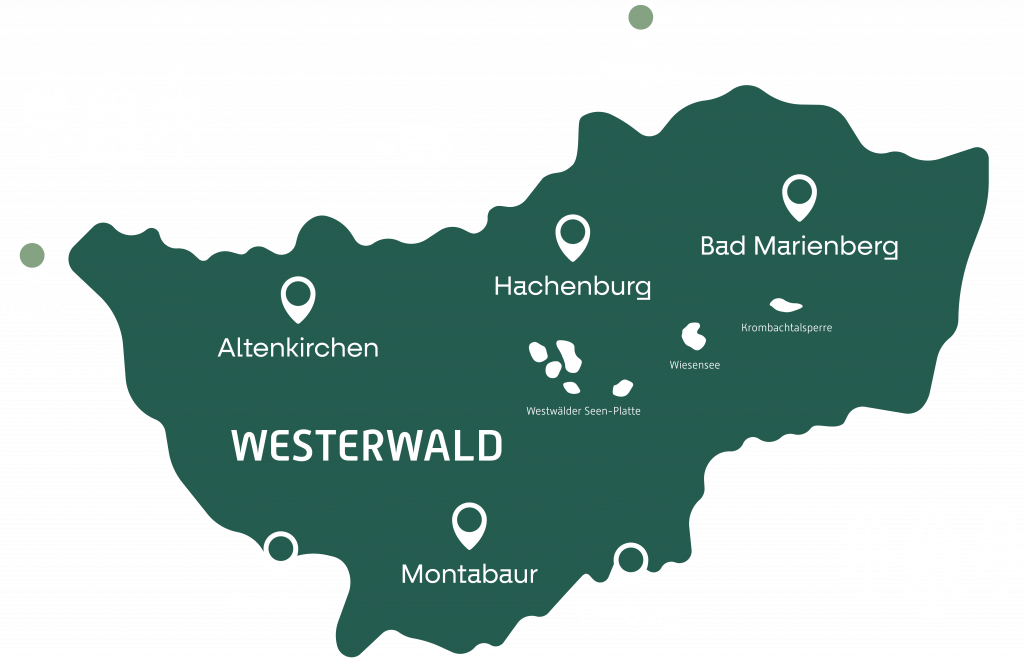 Ein gestalterisches Element, in dem das Gebiet des Westerwaldes anskizziert ist. Mit verschiedenen Icons werden verschiedene Städte und Seen darauf dargestellt.