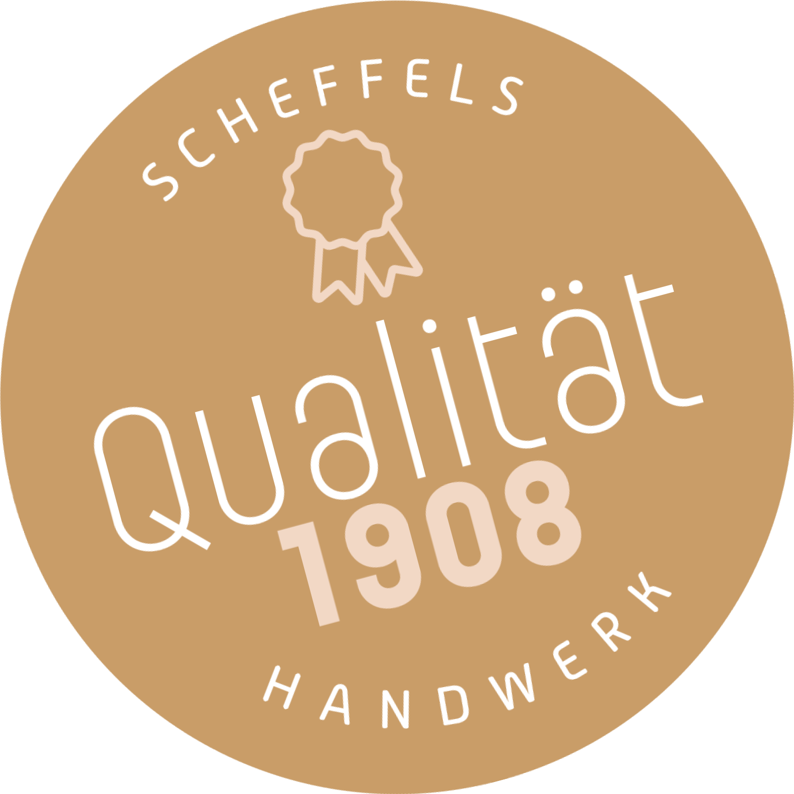 Ein goldener Kreis mit der Aufschrift Scheffels Handwerk – Qualität 1908