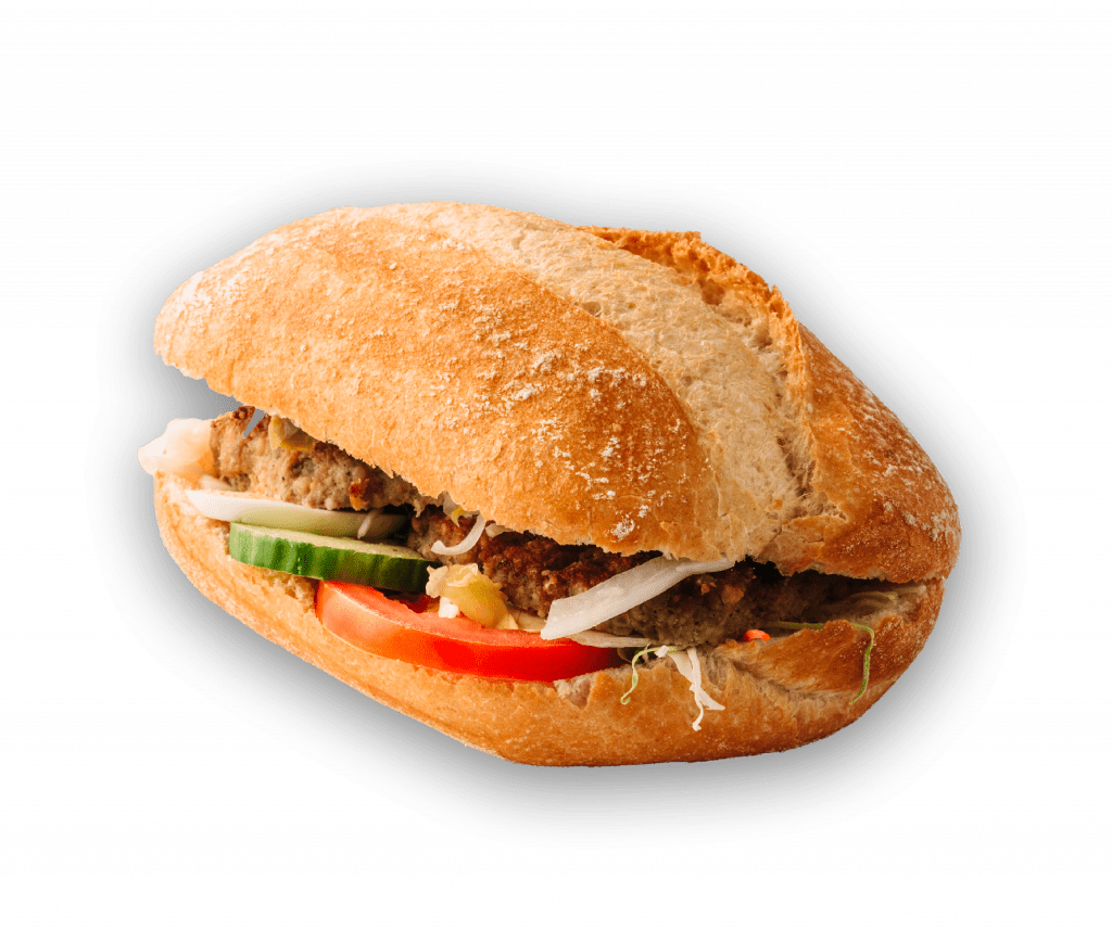 Bild eines Scheffels Krusti mit einer Frikadelle belegt